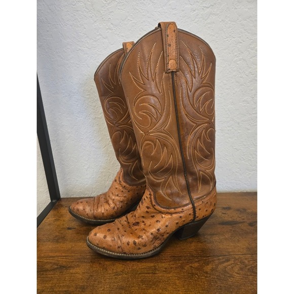 Women's Ostrich Leather Cowboy Boots Tan Western Style - Picture 2 of 10
